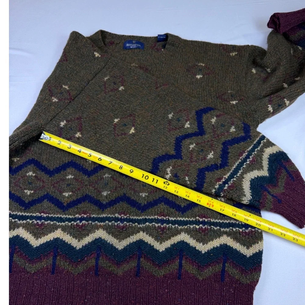 Regatta Sport Vtg 100% Wool Fair Isle Knit Crewneck Sweater Mens XL Green Purple